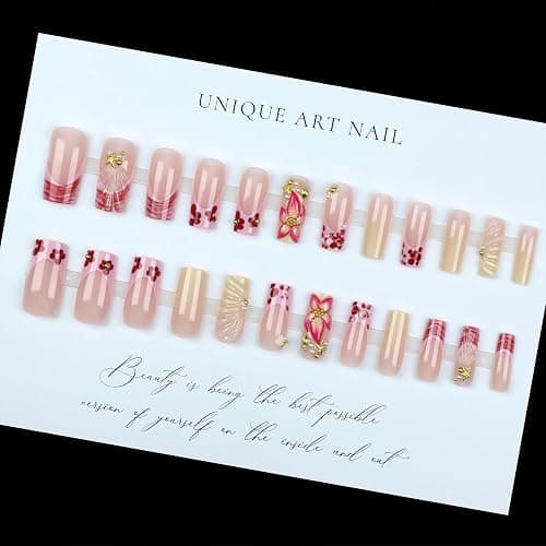 Jremg Flower Press on Nails Medium Long Square Fake Nails with Starfish Pearl Designs French Tip Coffin False Nails Reusable Luxury 3D Floral Acrylic Nails for Women 24Pcs thumbnail 3