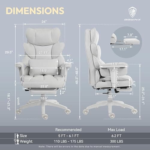 Dowinx Big and Tall Office Chair with Pocket Spring Cushion,High Back Computer Gaming Chairs with Adjustable Armrests,Executive Desk Chairs with Lumbar Support and Footrest,Fabric White thumbnail 2