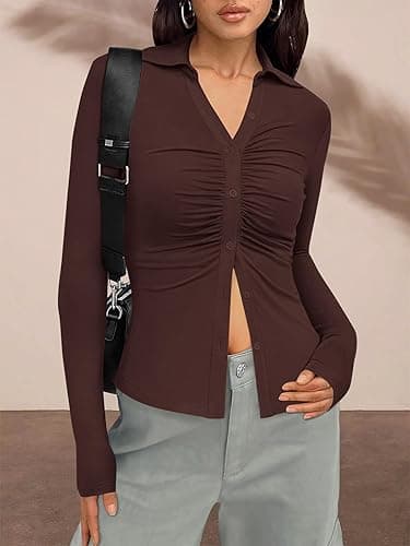 PRETTYGARDEN Womens Button Down Shirts V Neck Collared Ruched Slim Fit Long Sleeve Shirt Casual Fall Fashion Ladies Tops thumbnail 3