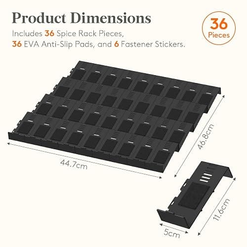 Lifewit Spice Drawer Organiser, 36PCS Interlocking Expandable Spice Rack Tray Inserts with Non-Slip Mats for Kitchen Drawers, Adjustable Storage for Spice and Seasoning Jars, Black thumbnail 2