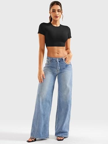 YEOREO Short Sleeve T Shirt for Women Double Lined Crop Top Crew Neck Workout Tee Colin Slim Fit Summer Basic Going Out Top thumbnail 5