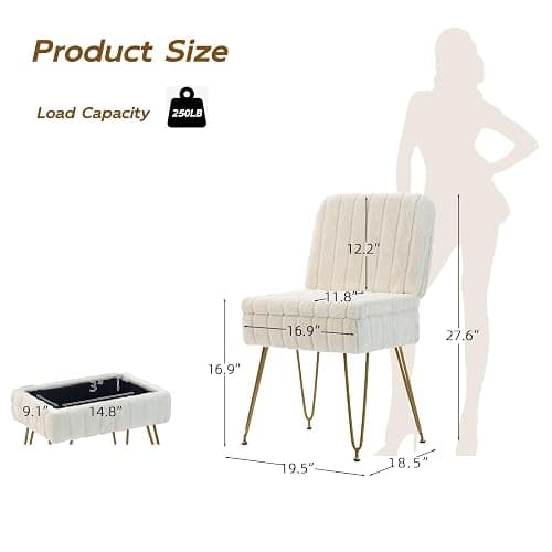 Manyday Vanity Chair with Storage, Comfy Ottoman with Folding Back, Faux Fur Vanity Stool with 4 Metal Legs for Make Up, Furry Padded Seat with Anti-Slip Feet for Bedroom Dressing Room thumbnail 3