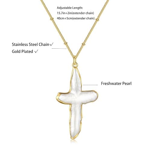 ALRNBY Pearl Cross Necklace for Women Freshwater Natural Chunky Baroque Pearl Necklaces Big 18K Gold Plated Cross Necklace Christian Gifts for Women Men Trendy Jewelry thumbnail 5