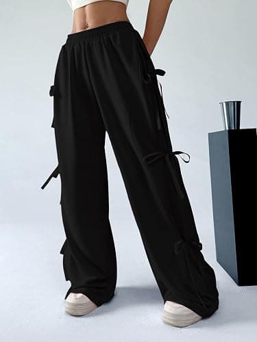 Verdusa Women's Baggy Sweatpants Elastic Waist Casual Bow Wide Leg Pants with Pocket Y2K Going Out Travel Pants thumbnail 6
