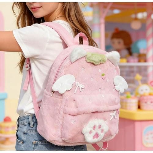 OATSBAS Women's Y2K Kawaii pink Plush Backpack Bunny and Cat Ear Bow Paw Print Wings Cute Fluffy Daypack (Cat,One size) thumbnail 5