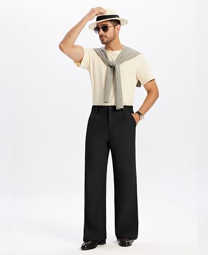 Susclude Mens Bootcut Casual Dress Pants Flared Wide Leg Old Money Pleated Elastic Waist Slacks Vintage Work Office Trousers thumbnail 2