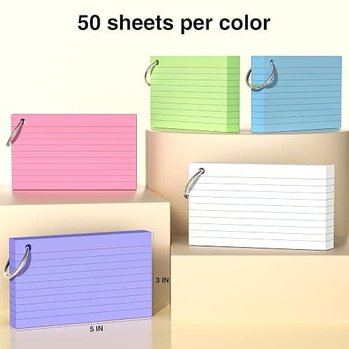 250 Count Colored Index Cards 3x5 Inch with Key Ring, 180gsm Heavy Weight Flash Cards 5 Color (50 Sheets Each) Portable Note Taking for Students, Teachers, Study Note Cards for Office School Supplies thumbnail 6