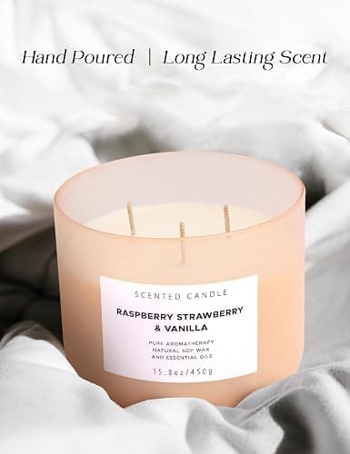 Raspberry Strawberry Vanilla 3 Wick Candle - Large 15.8 oz Soy Scented Candle, Strong Throw & Long Lasting - Fruity Berry Vanilla Candle - Aromatherapy Gift Candle for Home thumbnail 7