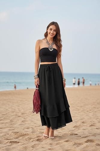 HUSKARY Maxi Skirts for Women Summer Fall High Waist Drawstring Long Skirt Ruffle Layered Medieval Skirts with Pockets thumbnail 6