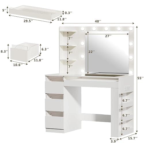 HUAHUU Vanity Desk with Lighted Mirror & Transparent Top, Makeup Vanity Desk with 4 Transparent Drawers and RGB Lighting, Built-in Power Outlet, 3-Tier Side Shelves & Storage Organizer for Bedroom thumbnail 2