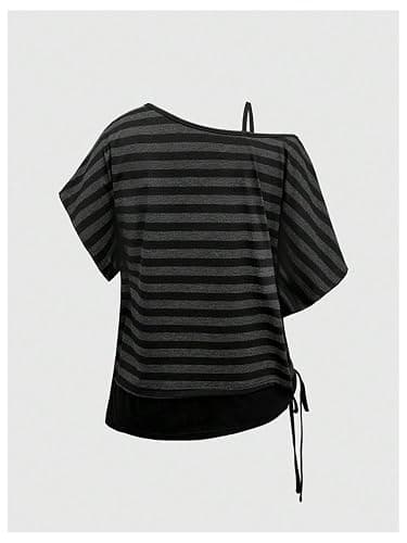 SOLY HUX Women's Plus Size Y2k Striped Cold Shoulder Drawstring T Shirt | Short Sleeve, Style, Summer, Casual Tee Top, Asymmetrical Neck, Basic thumbnail 2