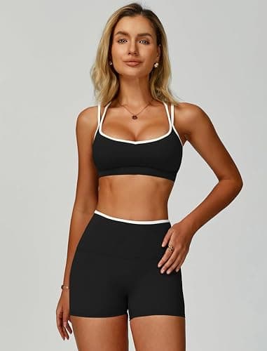 ABOCIW Workout Sets for Women 2 Piece Color Block Strappy Sports Bra High Waist Shorts Gym Yoga Pilates Outfits thumbnail 2