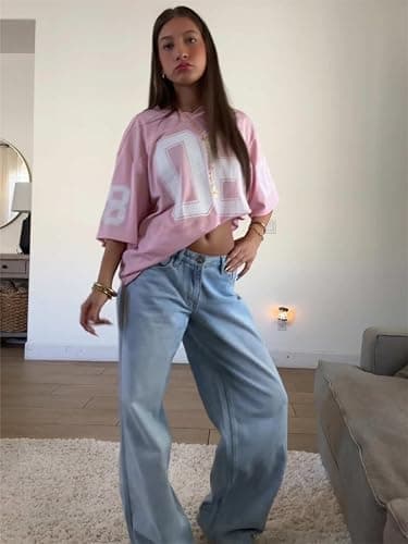 Oversized Jersey Shirts for Women Y2k Number Graphic Print V Neck Short Sleeve Aesthetic Summer T-Shirt Streetwear thumbnail 3