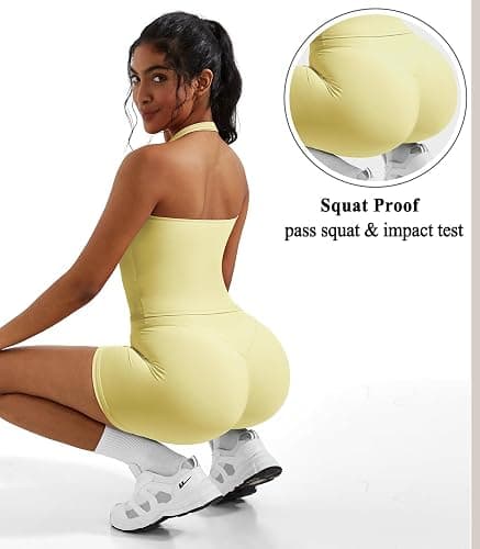 OMKAGI 2 Piece Workout Sets for Women Halter Sports Bra Tank Gym Biker Shorts Outfits thumbnail 5