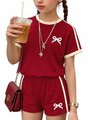 KIDLAGA Girls Shorts Sets 2 Pieces Outfits Bow/Cherry T-Shirt & Plaid Shorts Girls Summer Short Set 6-14Y - Image 1