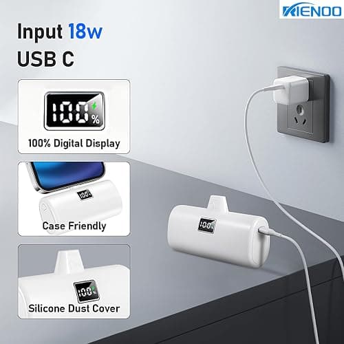 RIENOO Portable Charger for iPhone, 5000 mAh Small Power Bank with LED Display, 20W Fast Charging Mini Portable Phone Charger Battery Bank for iPhone 14/14 Pro Max/13/12/XR/8/7/6,White thumbnail 2