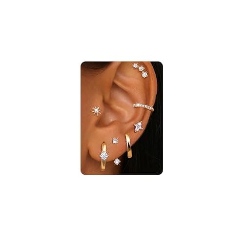 Dochais 7 Pairs Small Stud Hoop Earrings for Women 14K Gold Plated Huggie Earring Sets for Multiple Piercing Hypoallergenic Dainty Earring Stacks Cute Silver Cartilage Jewelry Trendy Gifts - Gold Earring A - Yellow Gold thumbnail 9