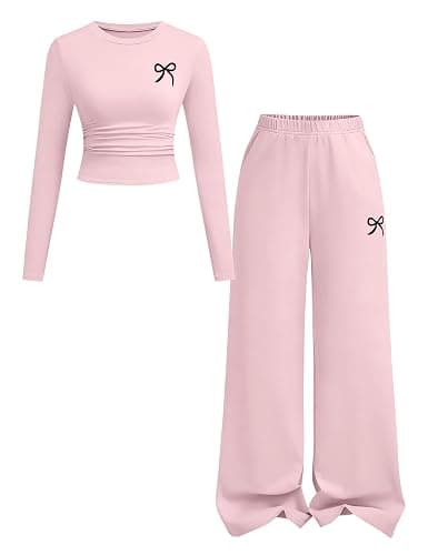 Afsmlys Tween Girls Clothes Long Sleeve Bow Knot Print Top + Wide Leg Pants 2 Piece Outfit Set, Size 7-16 Years thumbnail 2