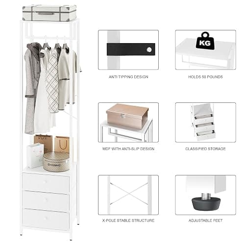 YMYNY Coat Rack with Non-woven Drawer, Freestanding Tall Closet Organizer, Clothes Rack with Rod, Tall Clothes Standing Dresser for Bedroom, Living Room, Entryway, 39×29×179CM White HGR001W thumbnail 7