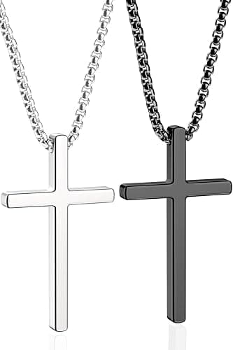 Romass 2 Pcs Cross Necklace for Men Boys,Stainless Steel Pendant Silver Black Crosses Chain Jewelry Gifts Box 16-30 inches - Image 1