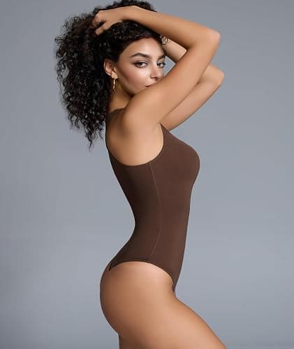 Mobeso Women's Crew Neck Sleeveless Bodysuit Seamless Double-Lined Stretchy Tank Top Bodysuits for Women Home Work Date Wear thumbnail 3