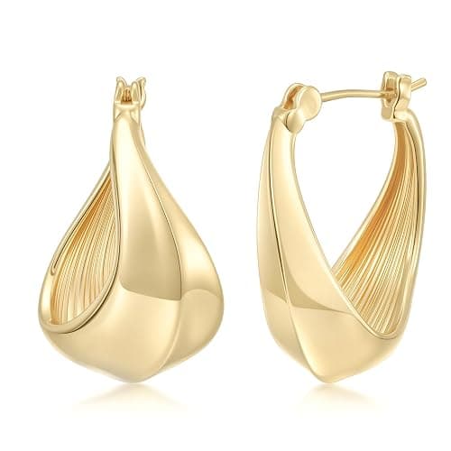 RYHIX Gold Plated Hoop Earrings for Women 14K Gold Plated Earrings for Women 14 Karat Hoops Earring Hypoallergenic Twisted Irregular-Shaped Design Hoops Earring for Womens 25mm - Image 1