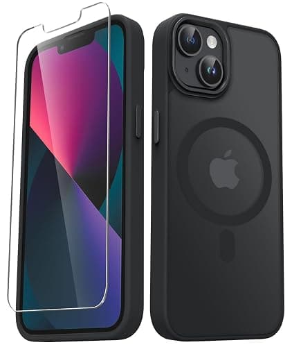 YENAPOON for iPhone 14 Case, iPhone 13 Case, with 1 Screen Protector, Matte Magnetic Slim Phone Cover, Support for Magsafe, Shockproof Protection Translucent Frosted Back,Black - Image 1