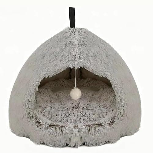Hezotco Large Cat Cave Bed for Cats, Soft Fluff Indoor Dog Cave Bed& Cat Cave for Small Dogs. Pet Cave for Puppy with Cat Teasing Ball 22.8"*18.5"*22.8"(Coffee+White) thumbnail 5