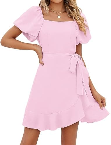 Sampeel Womens Summer Dresses Square Neck Puff Sleeve Tie Waist Short Dress thumbnail 2