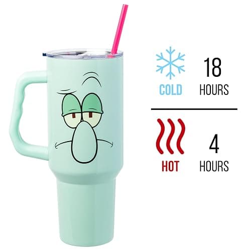 Silver Buffalo SpongeBob SquarePants Double Walled Stainless Steel Tumbler with Handle Featuring Squidward, Fits in Standard Cup Holder, 40 Ounces thumbnail 4
