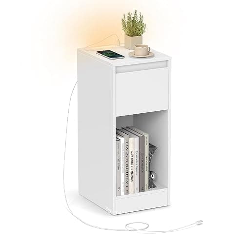 VASAGLE Kailyn Kollektion - Nachttisch, schmal, Beistelltisch, LED-Beleuchtung, 1 USB-A-Anschluss, 1 USB-C-Anschluss, Schublade, offenes Fach, für Schlafzimmer, Wohnzimmer, wolkenweiß LET610W01 - Image 1