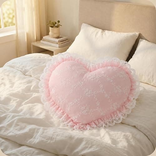 YISLEND Elegant Lace Heart Shaped Throw Pillow, Cute Heart Decorative Throw Pillows for Bed Couch Chair Sofa, Living Room Bedroom Decor (Pink) thumbnail 7