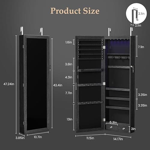 DUMOS 6 LEDs Mirror Jewelry Organizer Cabinet, Jewelry Armoire, 47.2 Inch | Hanging Door or Wall Mounted Mirror, Lockable, Large Capacity Cosmetic Storage, 2 Drawers, Gift Idea, Black thumbnail 3