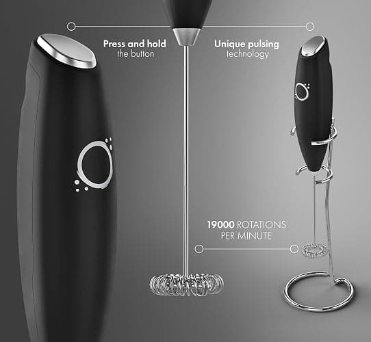 Unicoff Handheld Milk Frother with Stand – Electric Milk Frother for Coffee, Latte, Cappuccino & Matcha – Battery Operated Drink Mixer, BPA-Free Stainless Steel Whisk, Portable Mini Foam Maker (Black) thumbnail 5