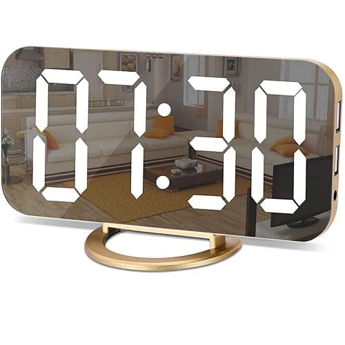 SZELAM Digital Alarm Clock,LED and Mirror Desk Clock Large Display,with Dual USB Charger Ports,3 Levels Brightness,12/24H,Modern Electronic Clock for Bedroom Home Living Room Office - Gold - Gold - Image 1