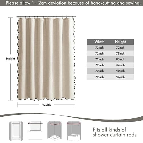 MIULEE Beige Scalloped Shower Curtain Linen Textured with 12 Metal Hooks Cute Heavy Duty Washable Waterproof Neutral Thick Cloth Shower Curtains with Black Border for Bathroom Bathtub,W72*L72 Cream thumbnail 6