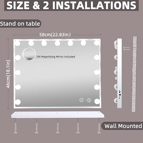 Hansong Bluetooth Vanity Mirror with Lights Hollywood Makeup Mirror with 15 LED Bulbs Lighted Vanity Mirror with Bluetooth 3 Lighting Modes White thumbnail 2