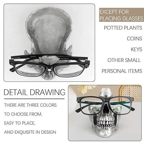 Mrlikale Skull Glasses Stand, Creative Eyeglasses Display Rack, Sunglasses Spectacle Holder, Key Holder Resin Sculptures for Entryway, Home, Office, Desk, Nightstand (Silver) thumbnail 7