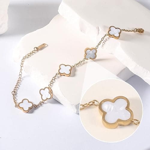 KINFERTE for 18K Gold Plated Double Sided Clover Bracelet for Women Lucky Four Leaf Clover Bracelet Flower Link Bracelets Trendy Jewelry Gifts for Women,Wife, Girlfriend, Mom, Sister, Bestie, Grandma thumbnail 2