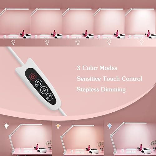 BZBRLZ LED Desk Lamp, Manicure Table Lamp, 16" Lamp Head, Dimmable Eye-Caring Drafting Light with 3 Color Modes, 10 Brightness Levels & Adapter, Memory Function(White) thumbnail 4