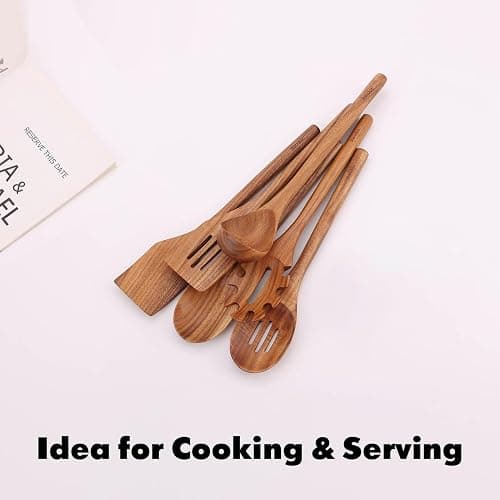 Acacia Wood Utensils Set - 6 Piece Handmade Wooden Spoons for Cooking, Natural Acacia Wood Kitchen Utensils for Non-stick Cookware, Turner, Serving Spoon, Slotted Spoon, Soup Ladle, Spaghetti thumbnail 7