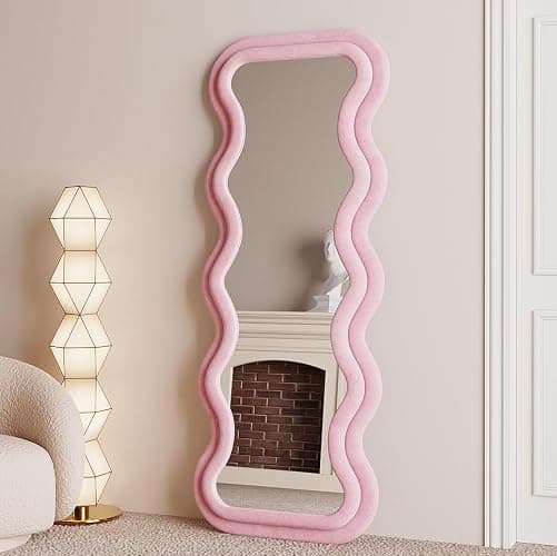 BOJOY Full Length Wavy Mirror, 63"x24", Arched Floor & Wall Mirror - Standing, Hanging or Leaning - Flannel Wrapped Wooden Frame - Pink thumbnail 4