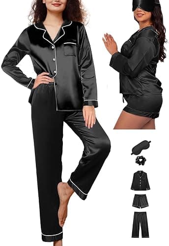 WJing Yi Jia 5Pcs XS-XXL Womens Silk Satin Pajamas Sets Long Pj Sets Button Down Pjs Set Loungewear Sleepwear thumbnail 6
