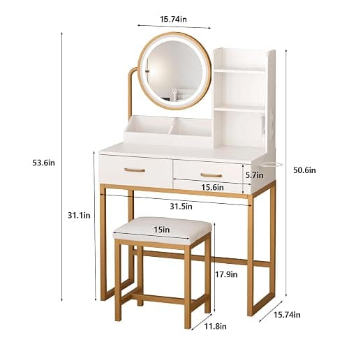 Vabches Makeup Vanity with Round Mirror and Lights, White Vanity Makeup Table with Charging Station, Small Vanity Table for Bedroom, 3 Lighting Modes, 31.5in(L) thumbnail 2