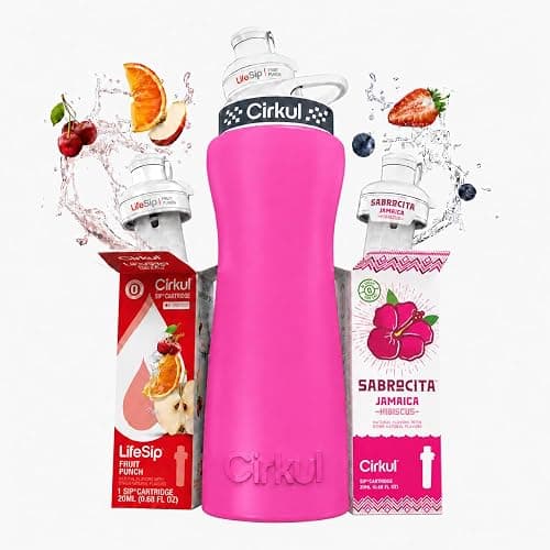 Cirkul 42oz. Pink Stainless Steel Water Bottle Starter Kit with Black Lid and 2 Flavor Cartridges No Sugar, Zero Calorie Drink Mix - Image 1