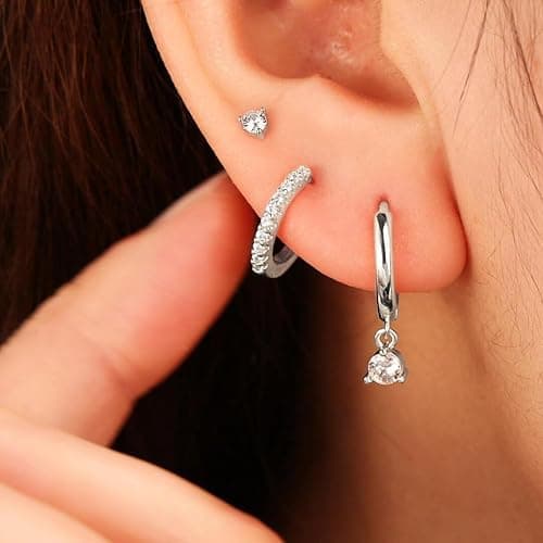 Freekiss 3 Pairs Hoop Earrings Set - Dainty Stud Dangle Cartilage for Women | Hypoallergenic Earrings, Cubic Zirconia Stackable Trendy Small Set Jewelry Gifts for Women thumbnail 3