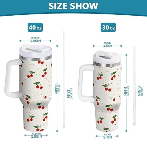 KUEJOP Cherry Print Pattern Stainless Steel Tumbler with Handle and Straw, Water Bottle Reusable Insulated Travel Mug, 40 Ounces thumbnail 3