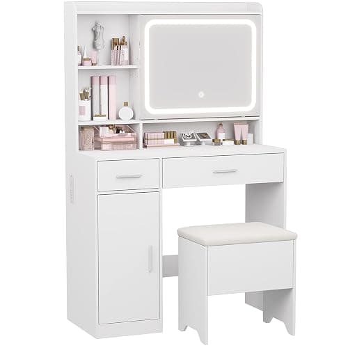 Hogxp Vanity Desk with Sliding Mirror & Power Outlets - Dimmable LED Lighting, 4 Open Shelves, 2 Drawers, 1Storage Cabinet & Padded Stool - Ideal Bedroom Makeup Dressing Table （White） - Image 1