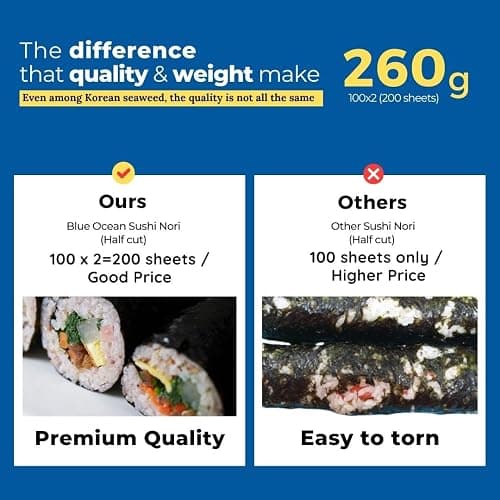 Blue Ocean Sushi Nori Seaweed Half Cut 200 sheets 260Gram Organic Yaki Roasted Rolls Wraps 100% Natural Laver Fresh Premium Thick Quality thumbnail 2
