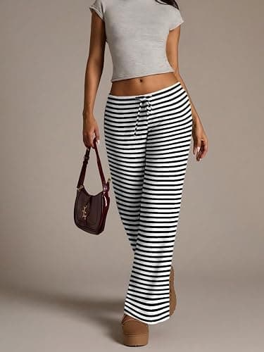 Luckydora Women's Flared Knit Pants High Waisted Wide Leg Striped Lounge Bottoms Soft Stretchy thumbnail 5